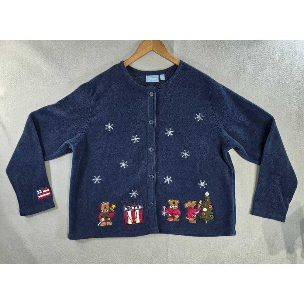 Vintage Croft & Barrow Sport Grandmacore Christmas Fleece Cardigan L Navy Blue